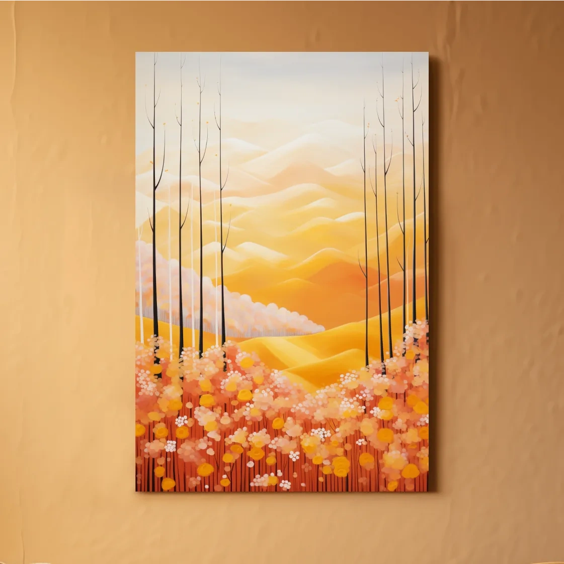 Storybook style illustration art of flowers, mountains and a forest in fall