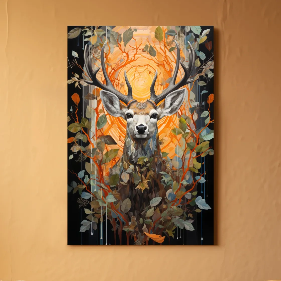 Floral ornate artwork of a deer head surrounded by foliage