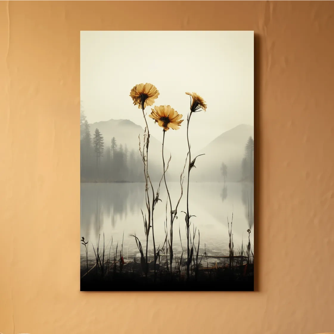 Photographic illustration, flowers on the misty lake shore