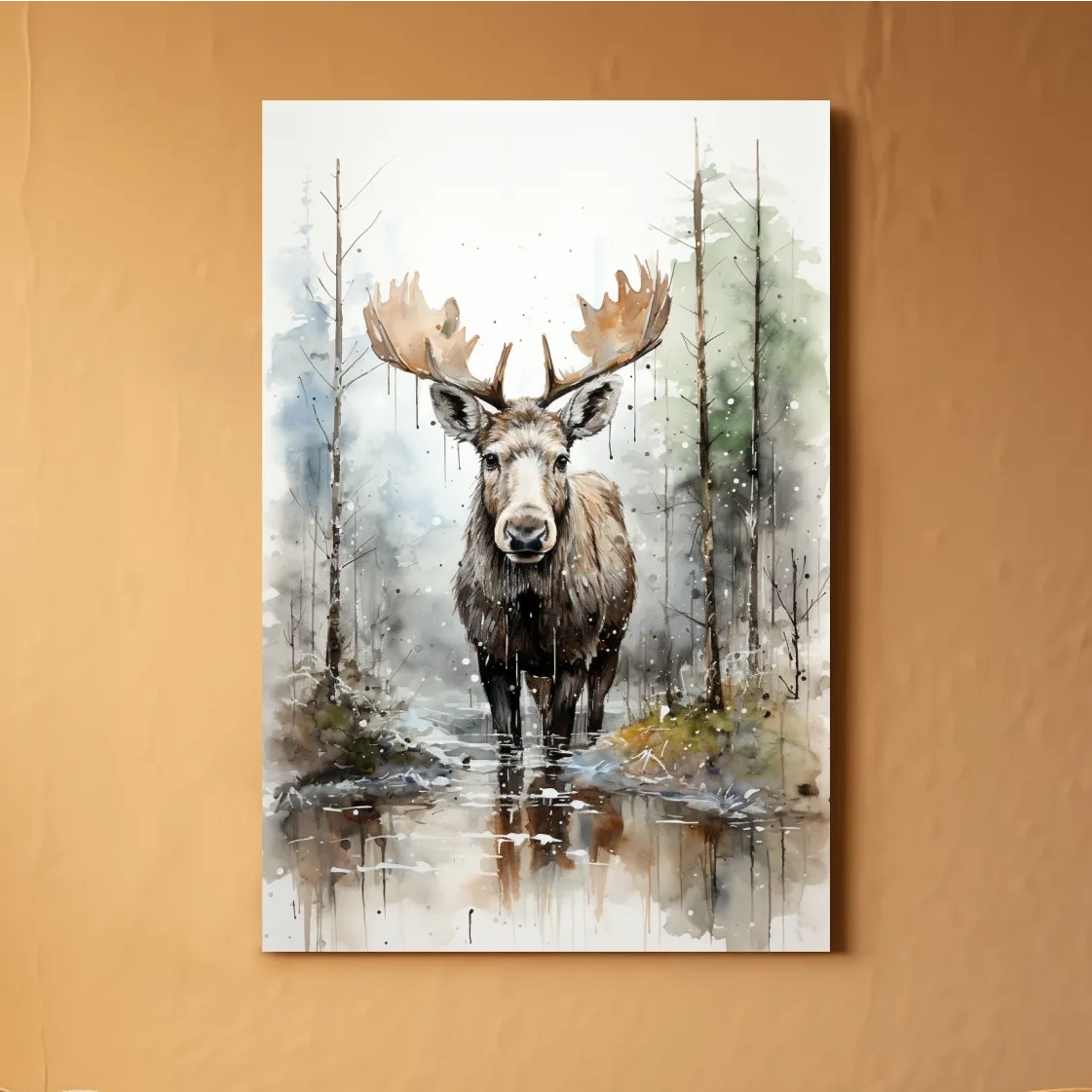 Watercolor painting of a moose in a forest lake