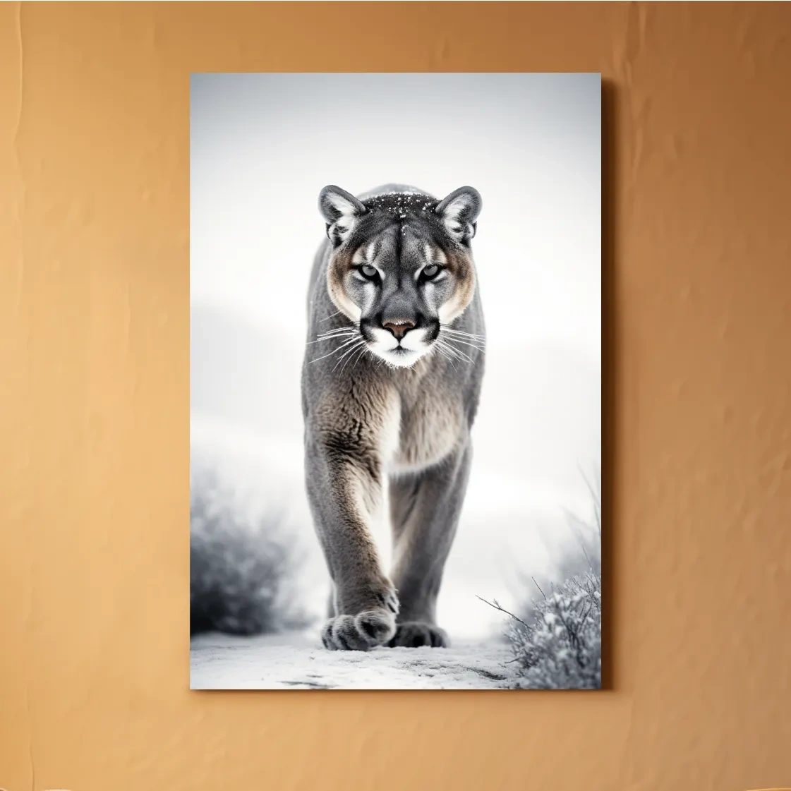 Photograph of a mountain lion walking in snow