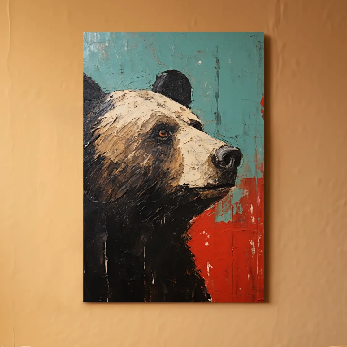 Rustic impasto style painting of a black bears head
