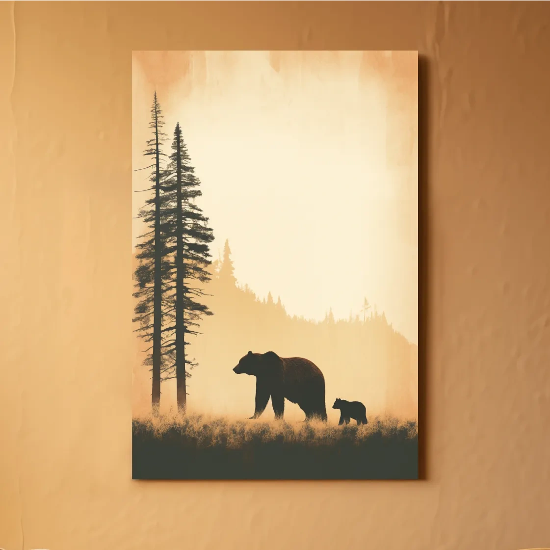 Momma bear and her cub, minimal illustration artwork