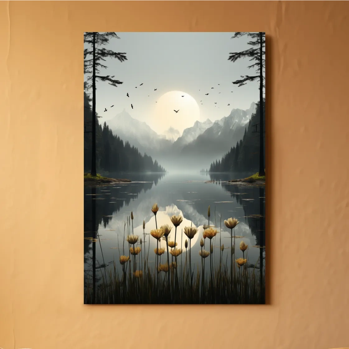Misty Alpine Lake Sunrise With Wildflowers - Serene Mountain Landscape Wall Art