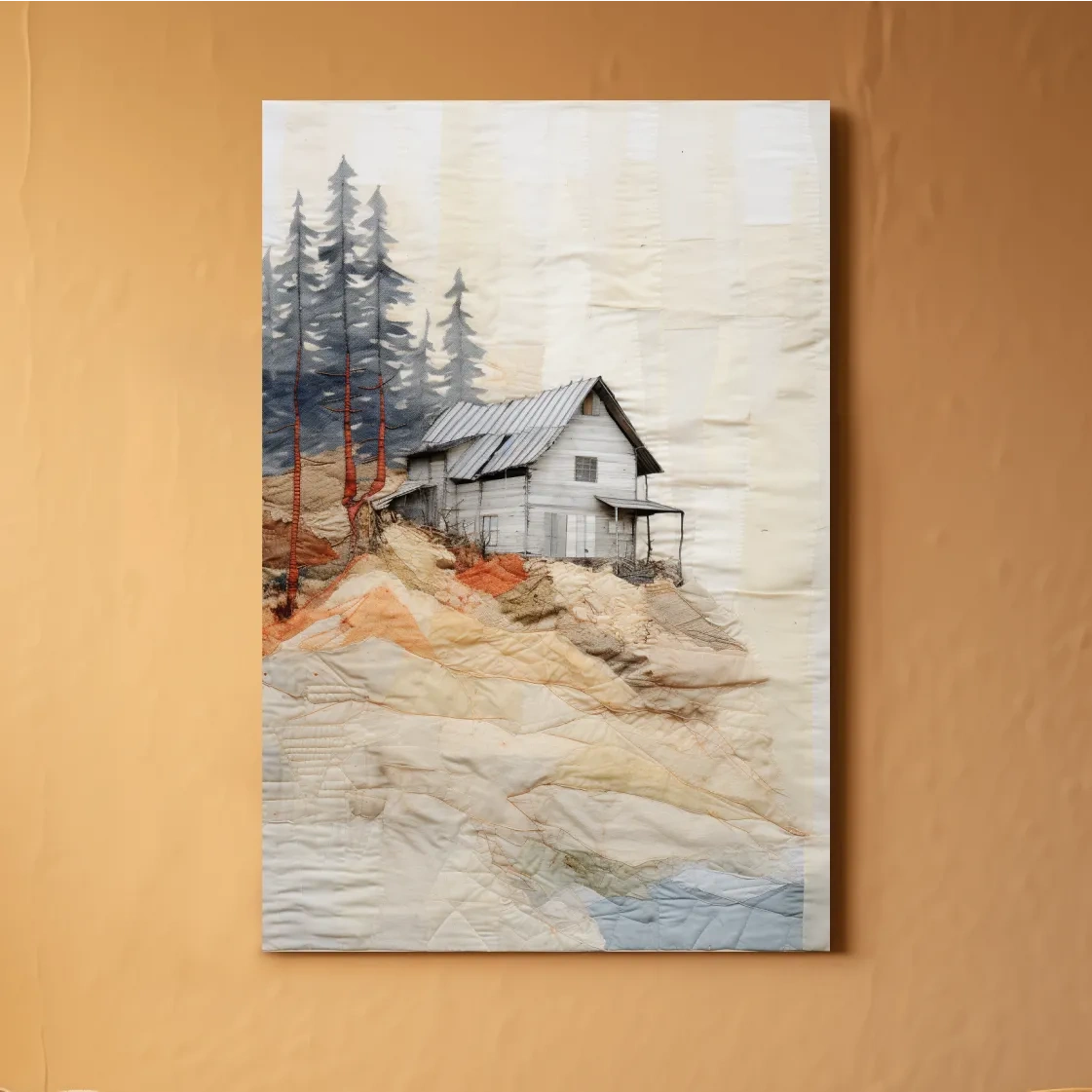 Rustic Hillside Cabin Quilt Collage - Patchwork Effect Forest Landscape Wall Art