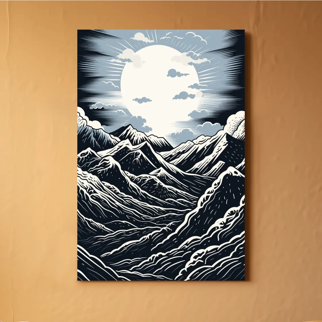 Linocut style mountain art illustration