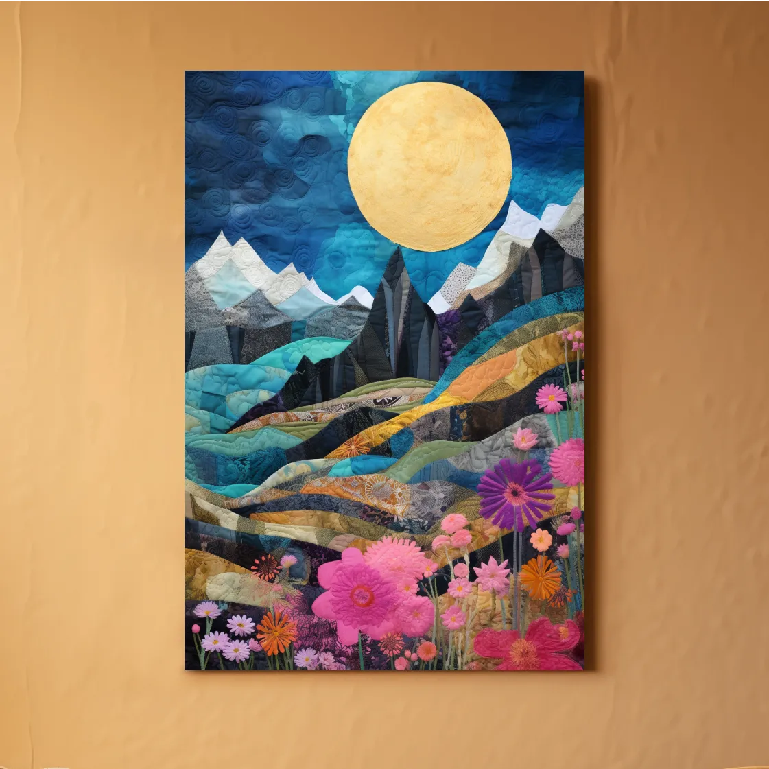 Handstitched patchwork style art, alpine flowers mountain artwork