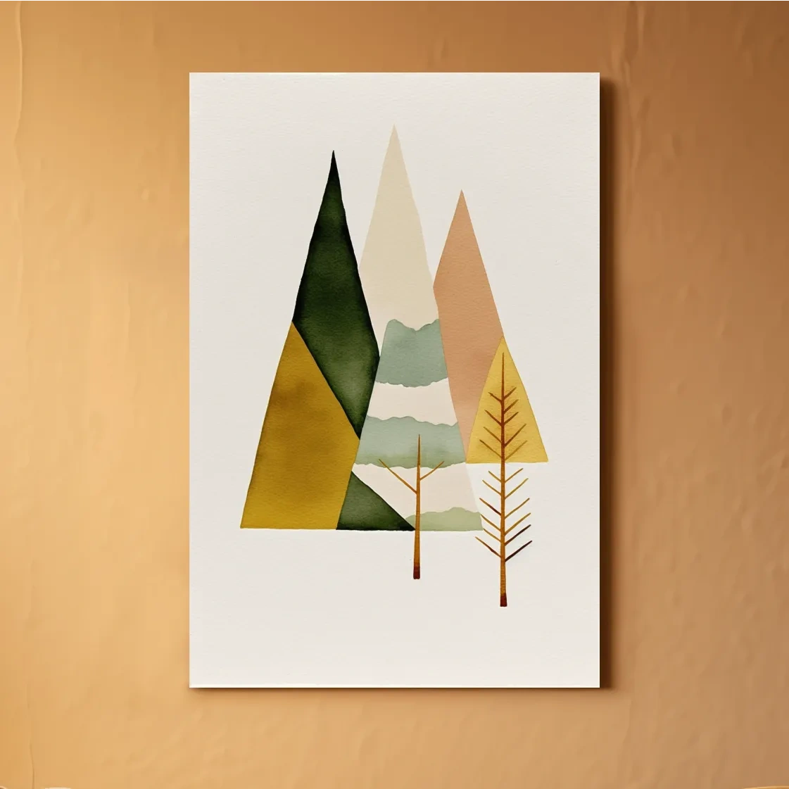 Minimalist Scandinavian Geometric Mountains - Modern Watercolor Forest Landscape Wall Art
