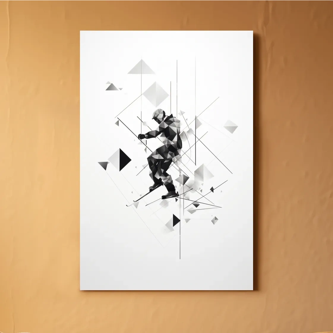 Monochrome Geometric Skier Silhouette - Abstract Winter Sports Wall Art
