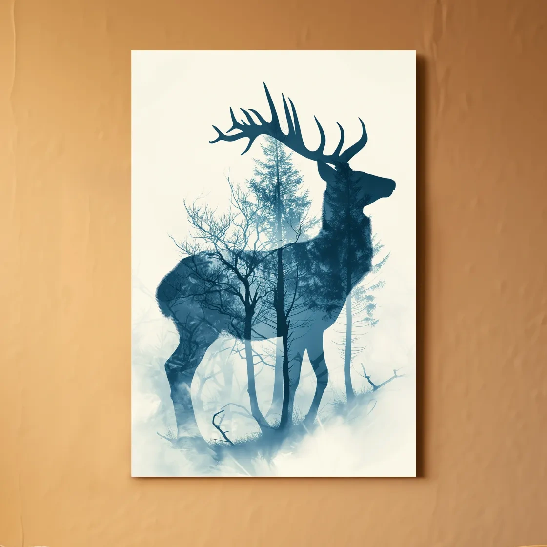 Deer and forest silhouette artwork, ethereal double exposure wall art