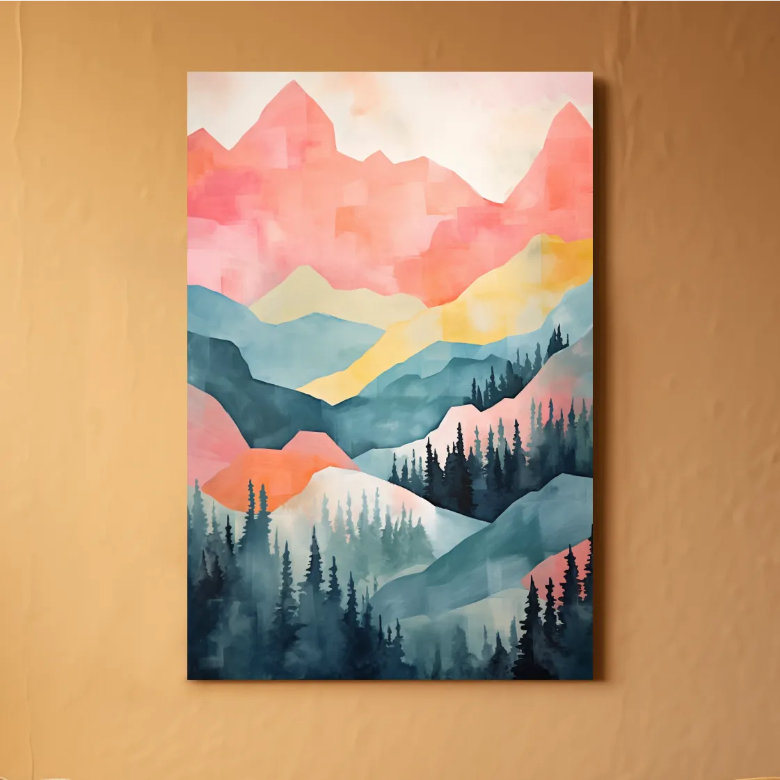 Abstract colorful painting of alpine mountains and trees