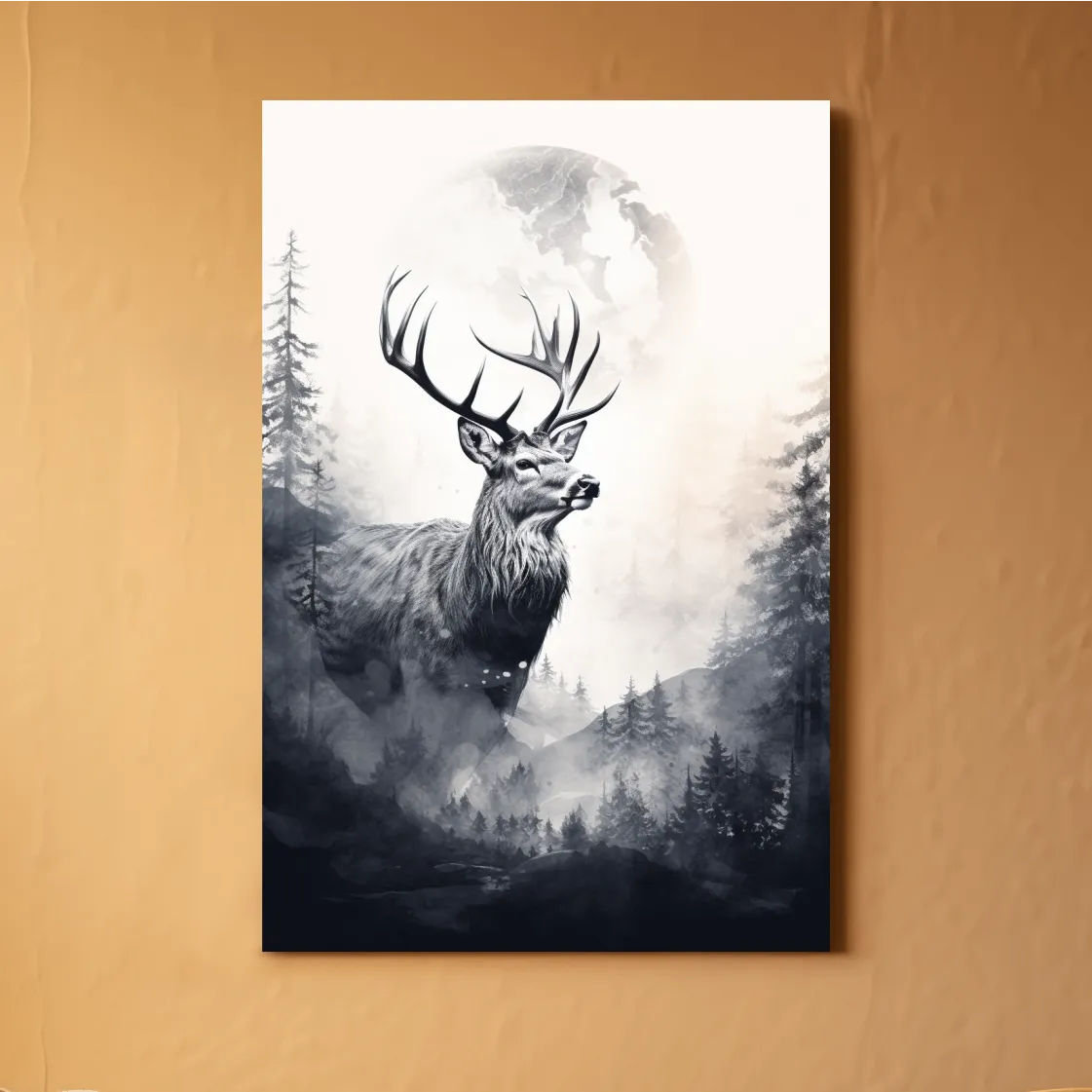 Deer and forest artwork drawing, double exposure style