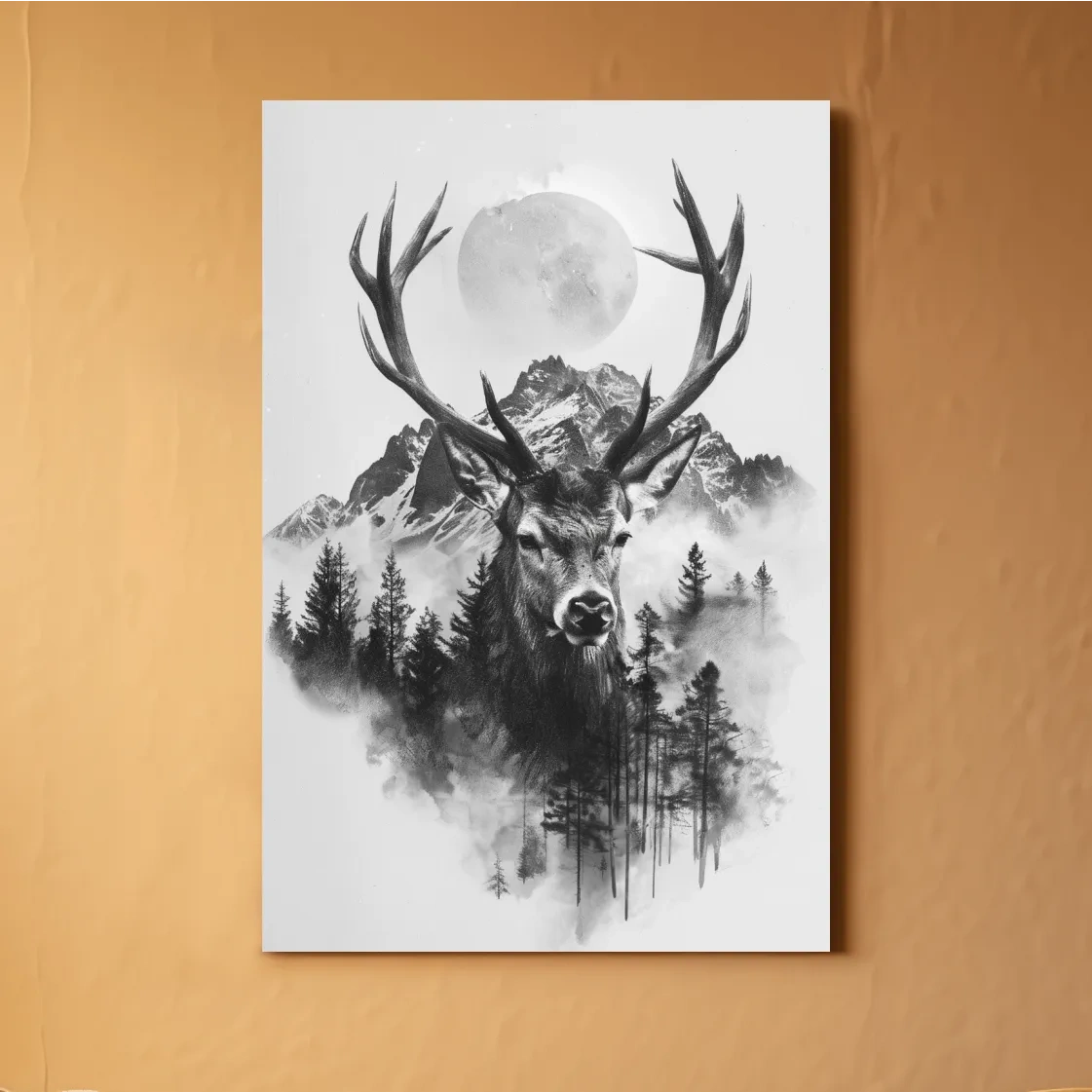 Double exposure style drawing artwork of a deer, forest, glacier and moon