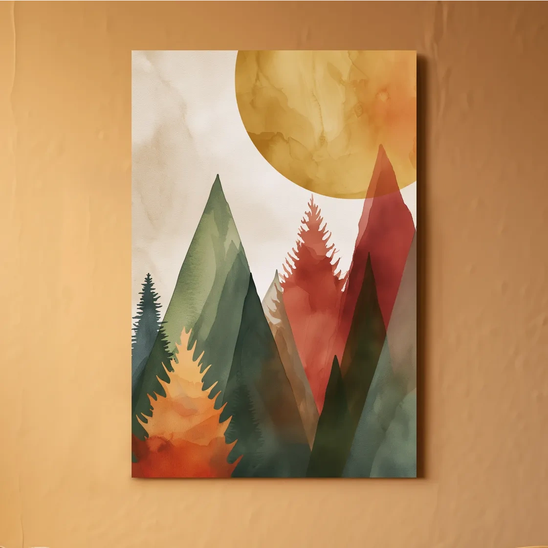 Trees and mountains under the sun, rustic boho watercolour print