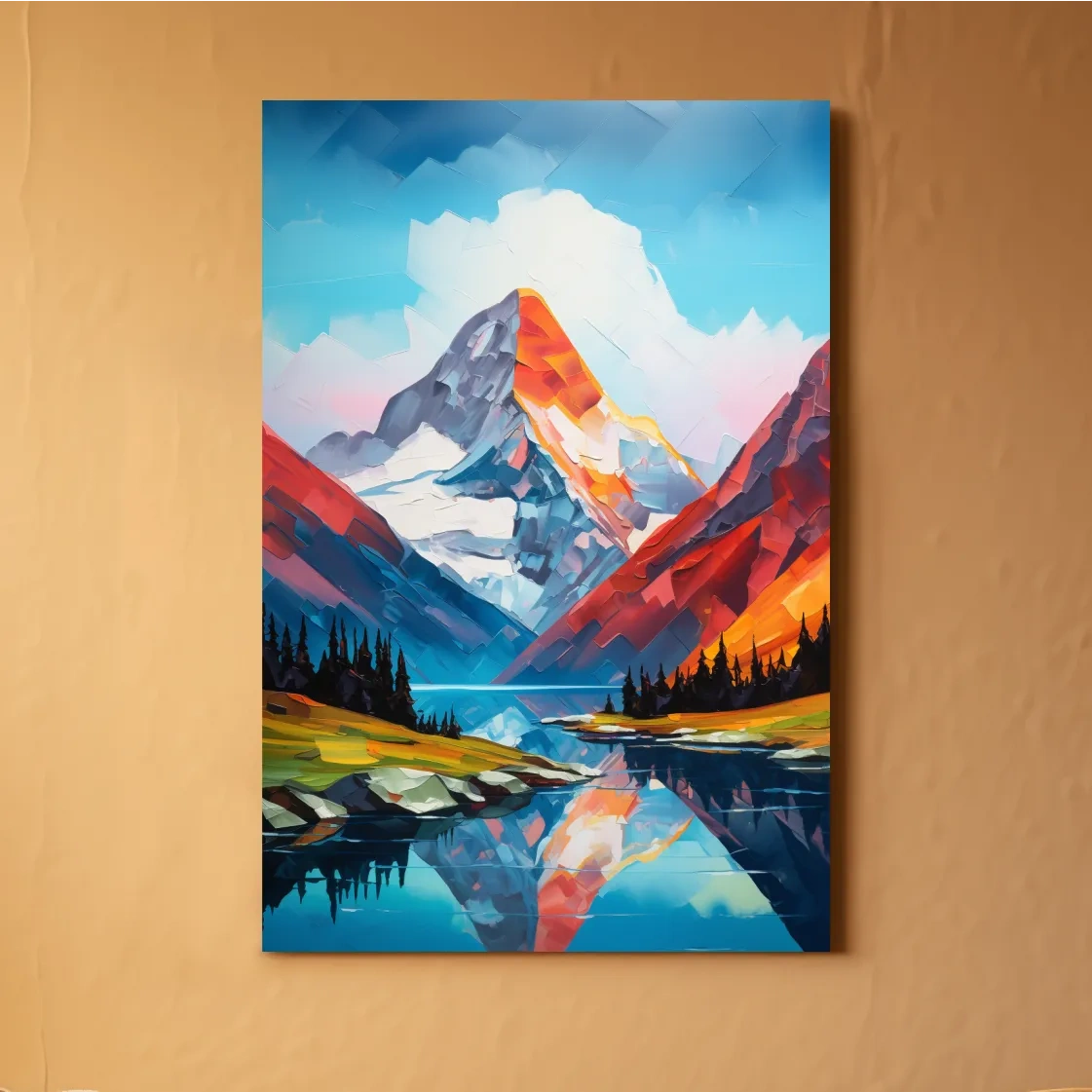 Vibrant Abstract Mountain Lake Reflection - Colorful Impasto Style Wall Art