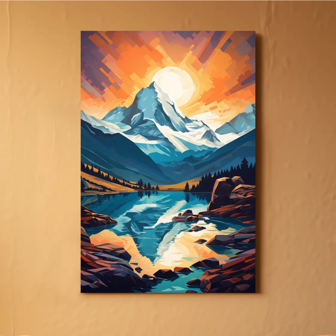 Sunset over the alpine glaciers, vector mountain art