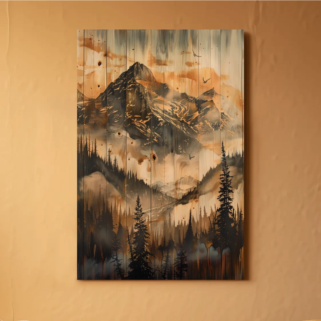 Rustic Woodgrain Mountain Landscape Painting - Sepia Misty Pine Forest Wall Art