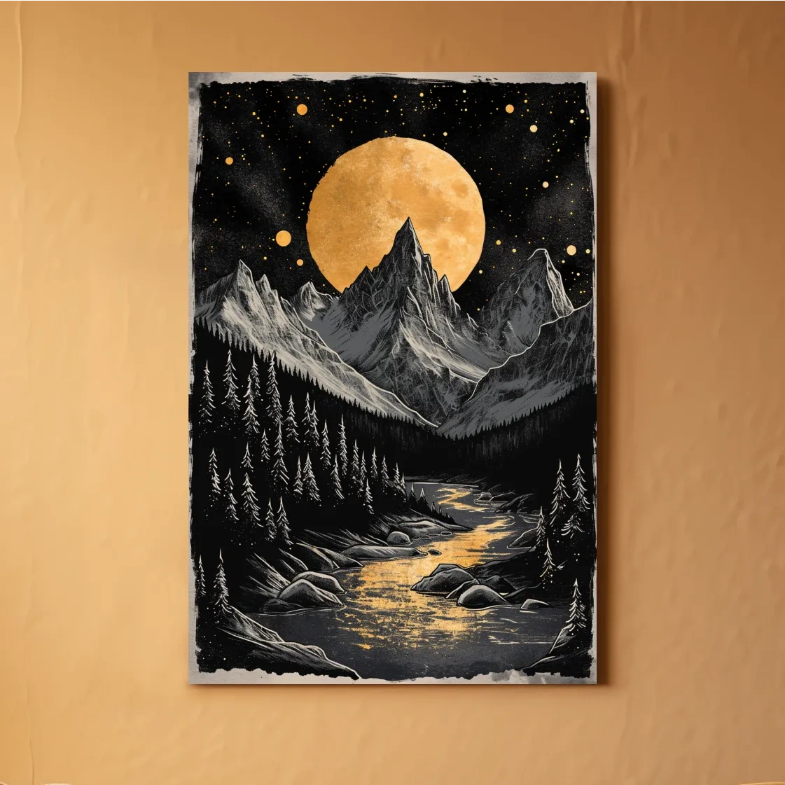 Moonlit alpine scene, dramatic glacier and moon artwork