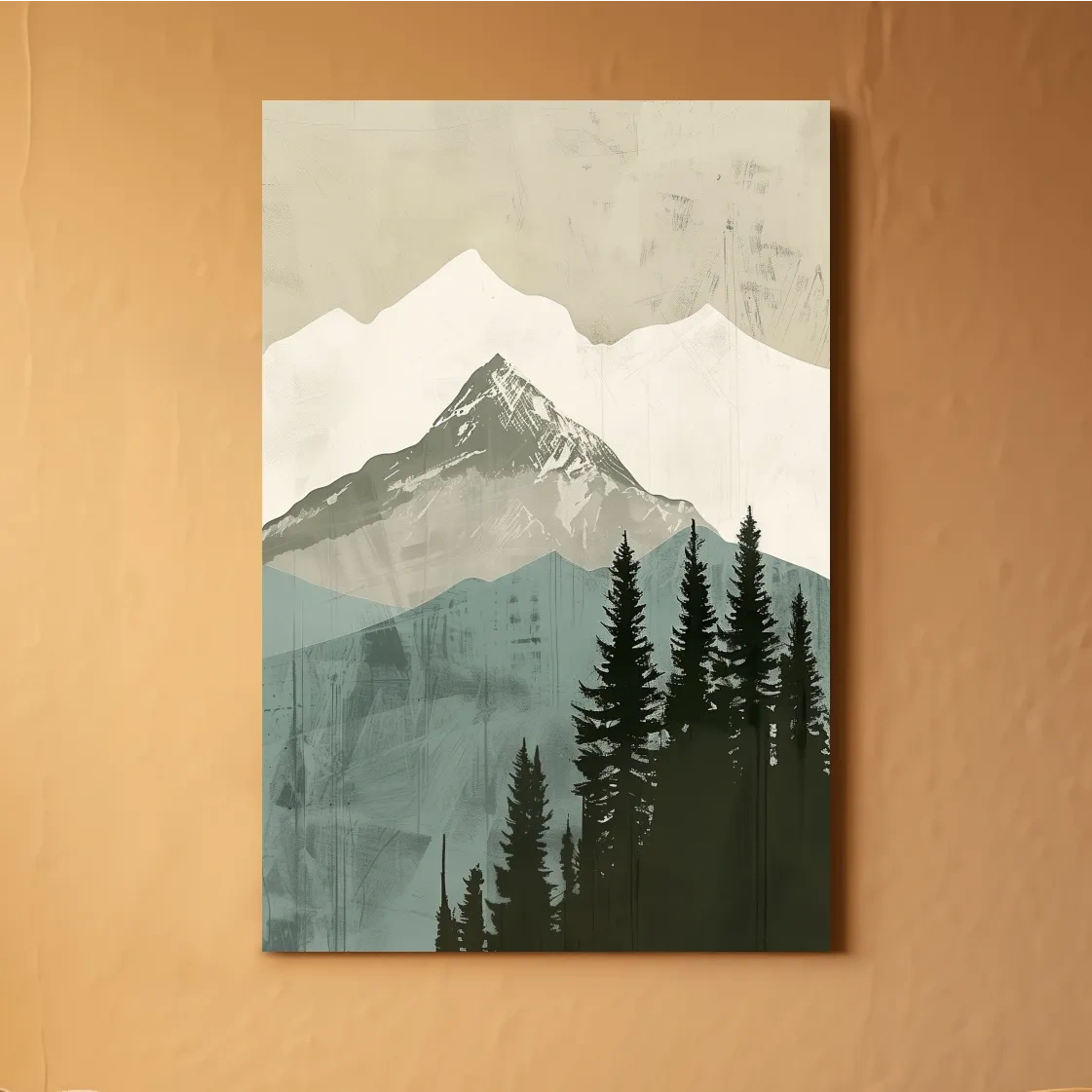 Minimal mountain artwork, scandinavian style glacier and forest art