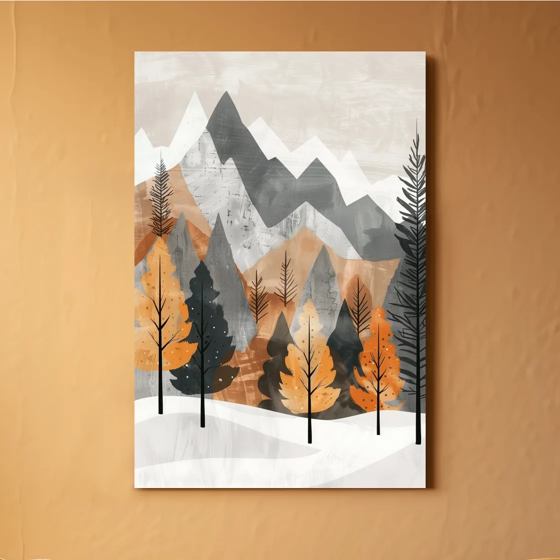 Scandinavian style forest artwork, alpine mountains in fall