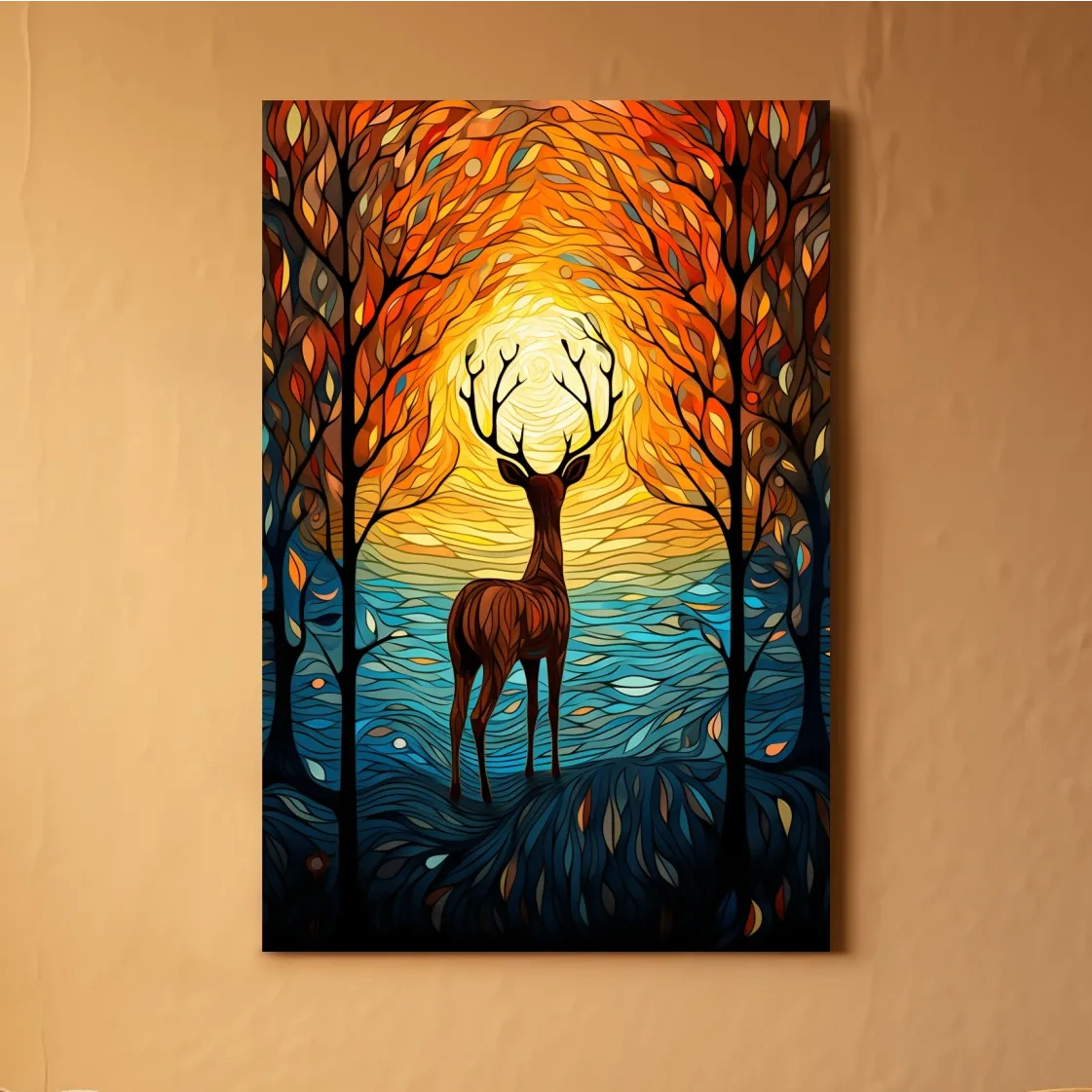 Glowing Autumn Forest Deer Silhouette - Vibrant Stained Glass Style Wall Art