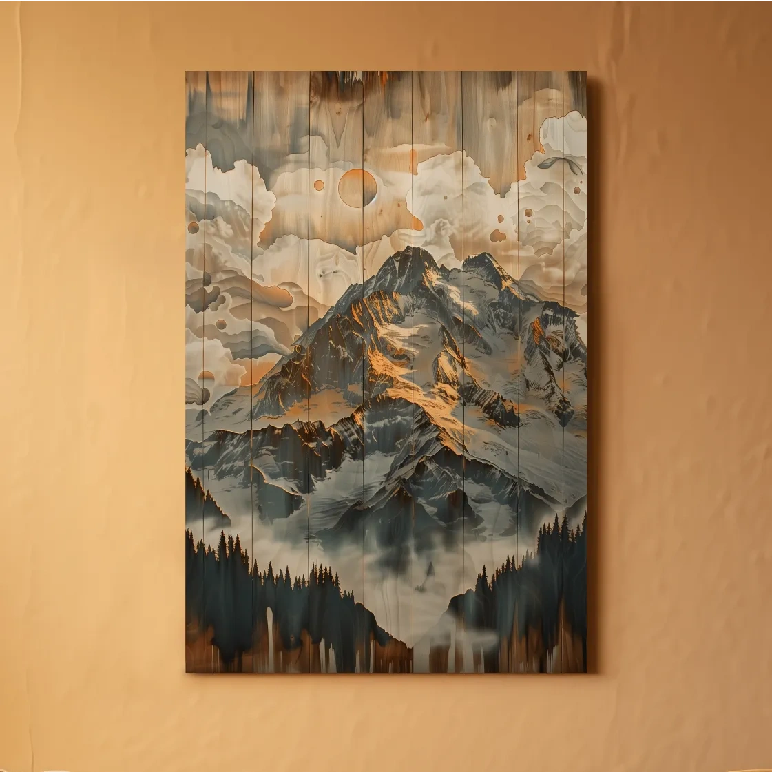 Rustic Glacier Mountain Range Artwork - Vintage Wood Grain Alpine Wall Art