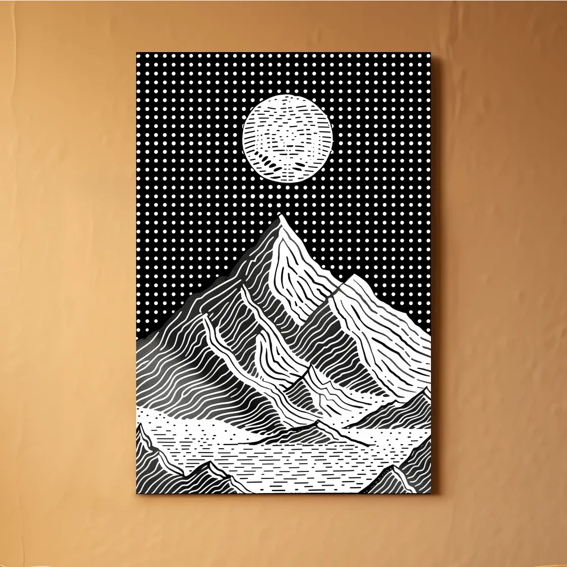 Glacier under the night sky, optical illusion linocut style mountain art