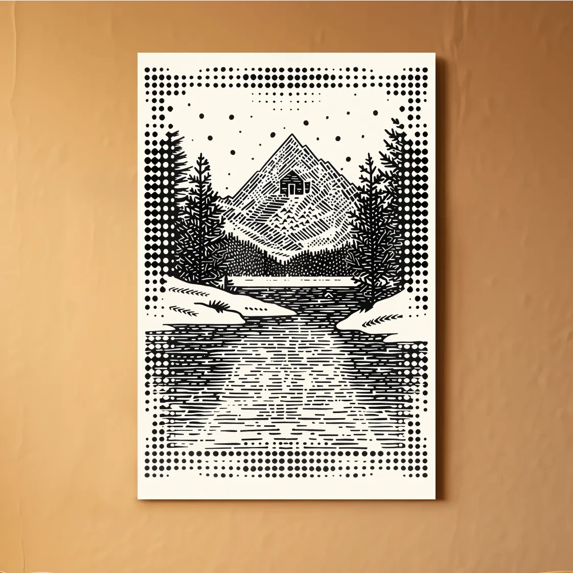 Alpine cabin artwork, linocut style optical illusion art