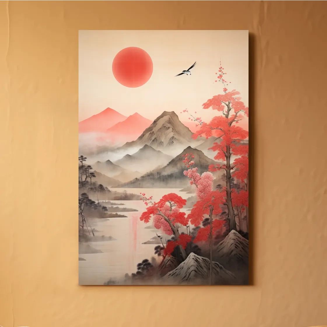 Oriental cherry blossom artwork, mountains in the mist watercolor wall art painting