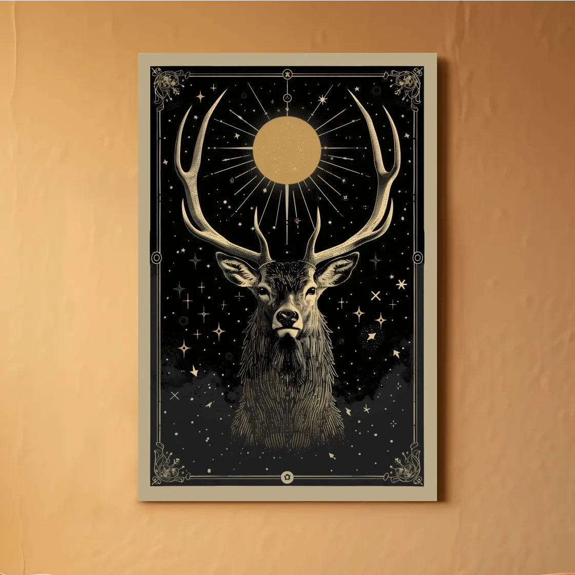 Elegant deer head under the night sky, tarot card style art