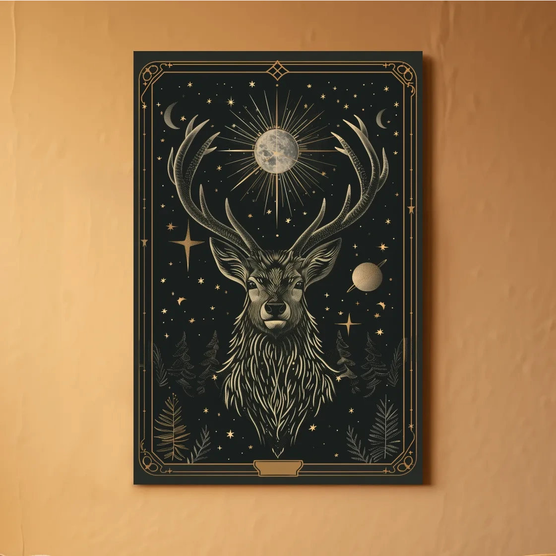 Elegant deer head tarot card style art, planetary solar system