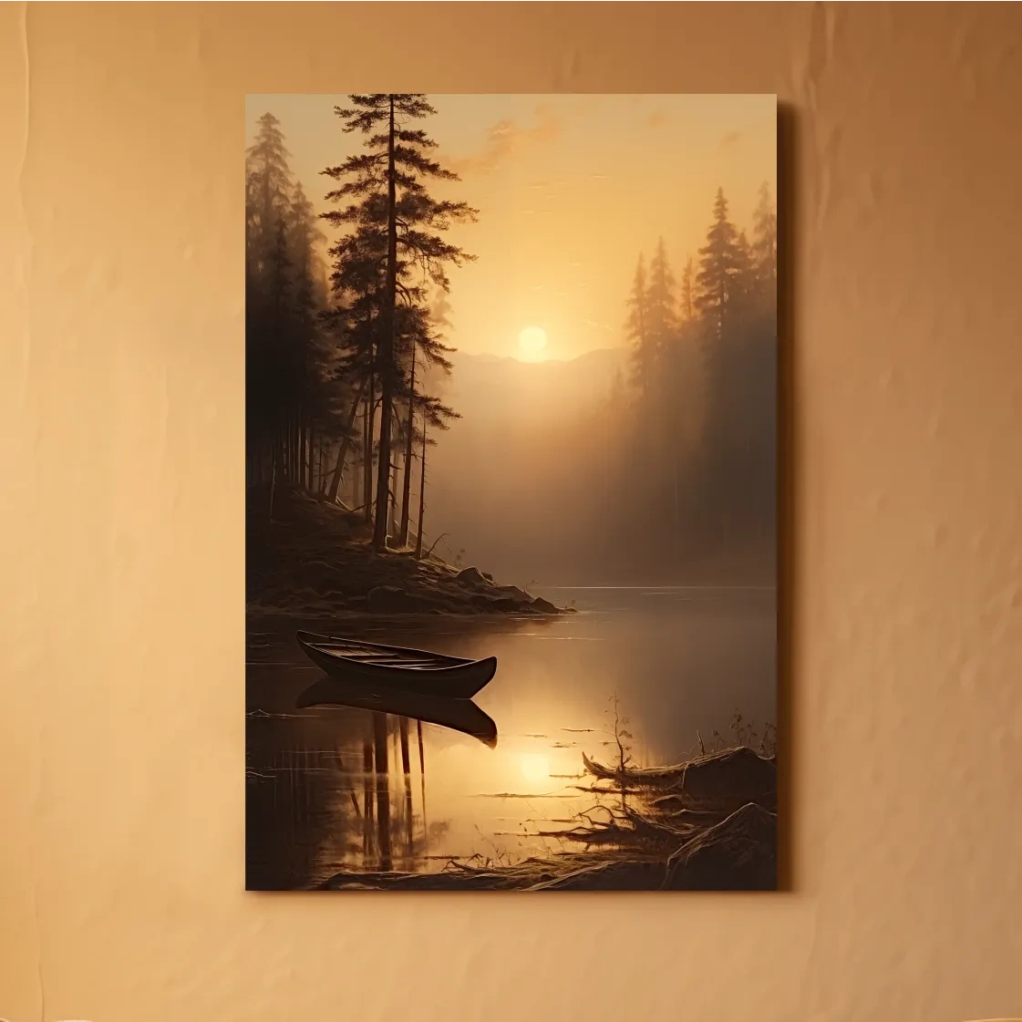 Misty Golden Lake Sunrise With Canoe - Serene Pine Forest Mountain Landscape Wall Art