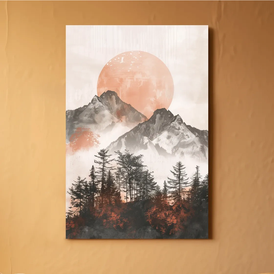 Japandi Mountain Sunrise With Pine Forest - Minimalist Watercolor Landscape Art