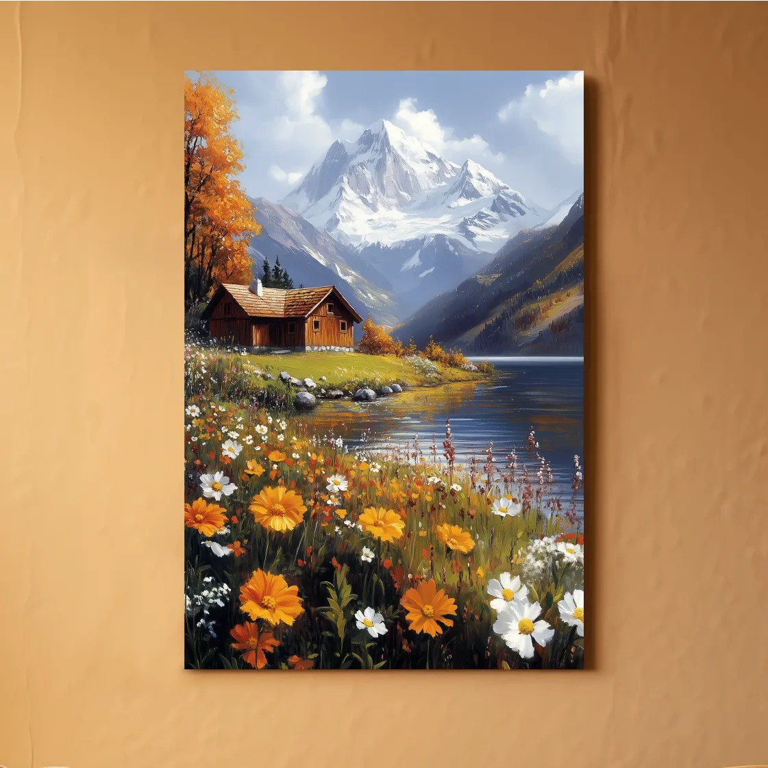 Impressionist painting of a lakeside cabin in the alpine meadows beneath a glacier