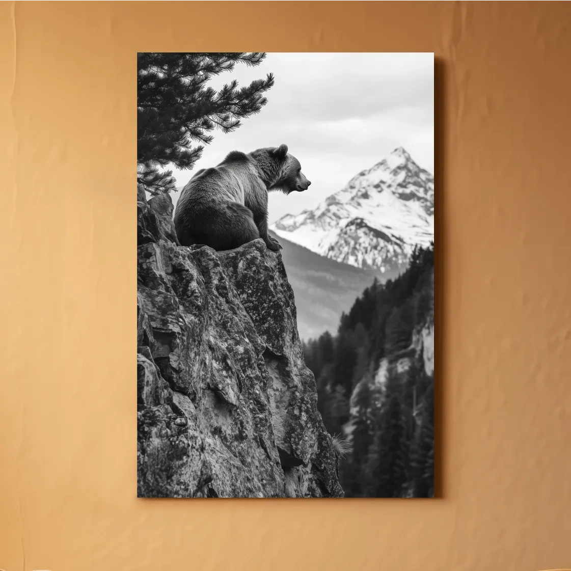 Grizzly bear taking in a mountain view, photographic wildlife wall art