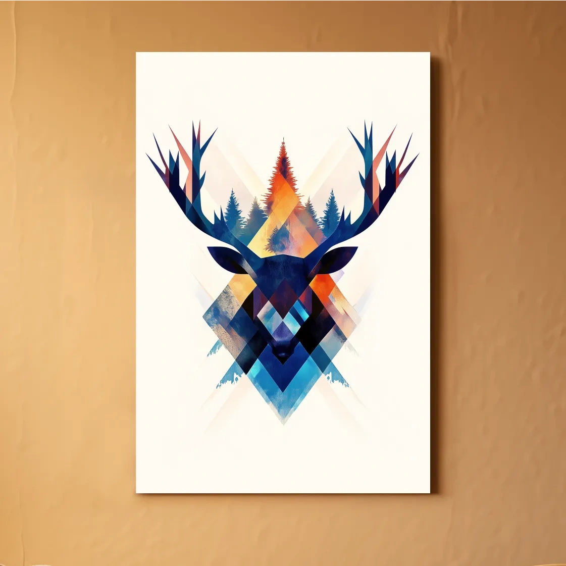 Geometric deer head wall art, colorful abstract tribal style artwork