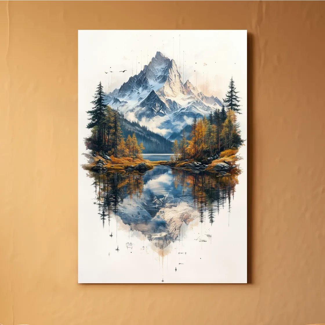 Misty Alpine Mountain Lake Painting - Autumn Pine Forest Tattoo Style Wall Art