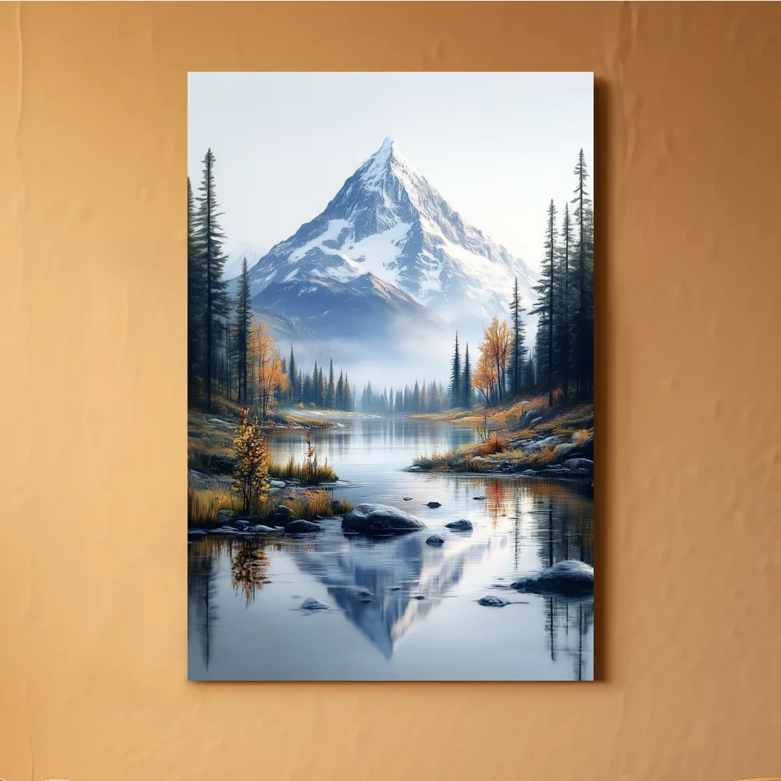 Majestic Snowcapped Mountain Lake Artwork - Serene Alpine Meadows Wall Art