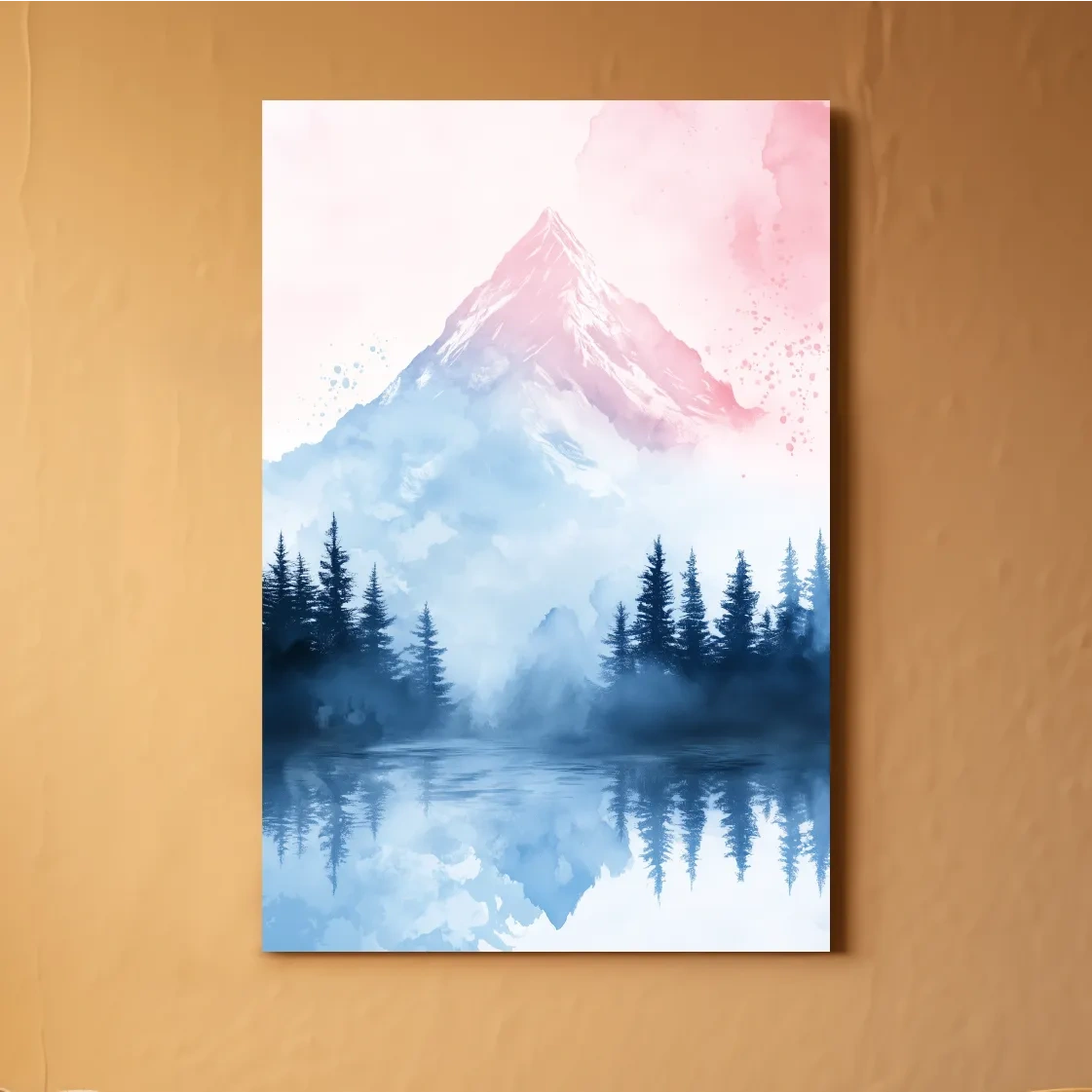 Pastel mountain watercolor painting, foggy forest by an alpine lake