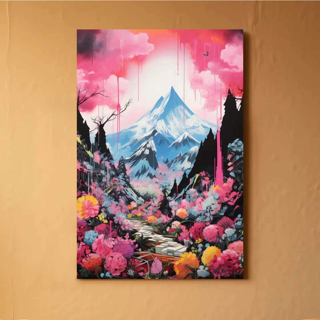 Energetic illustration of pink alpine flowers by a glacier