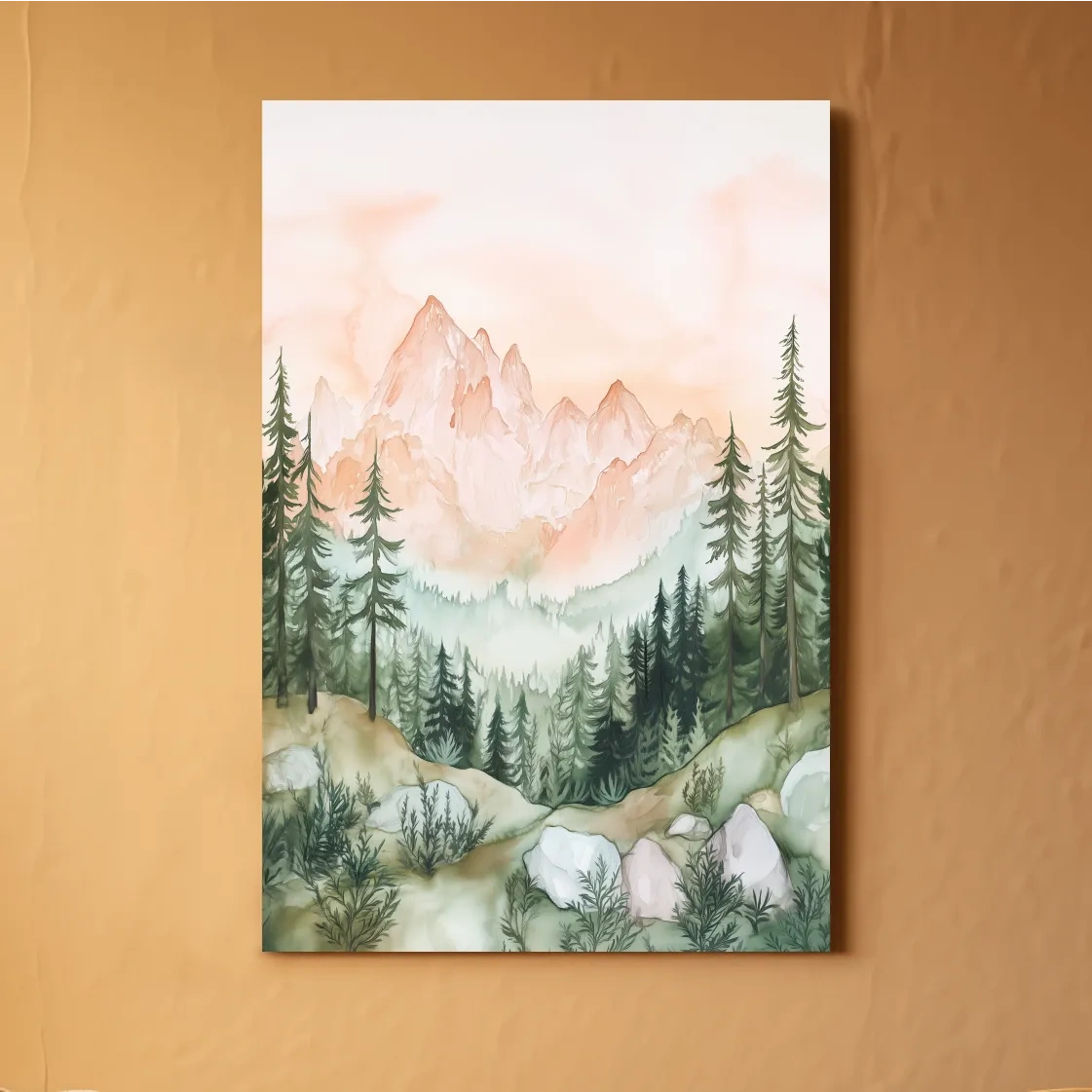 Alpine mountain forest watercolour painting wall art, pastel colors