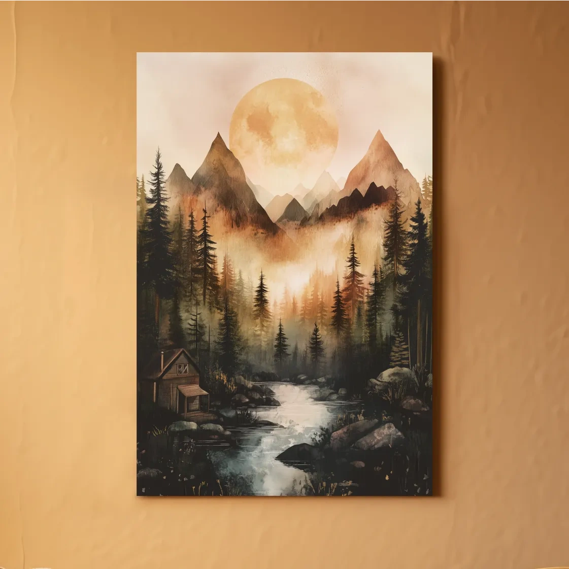 Misty Mountain River Cabin Watercolor - Rustic Forest Wall Art