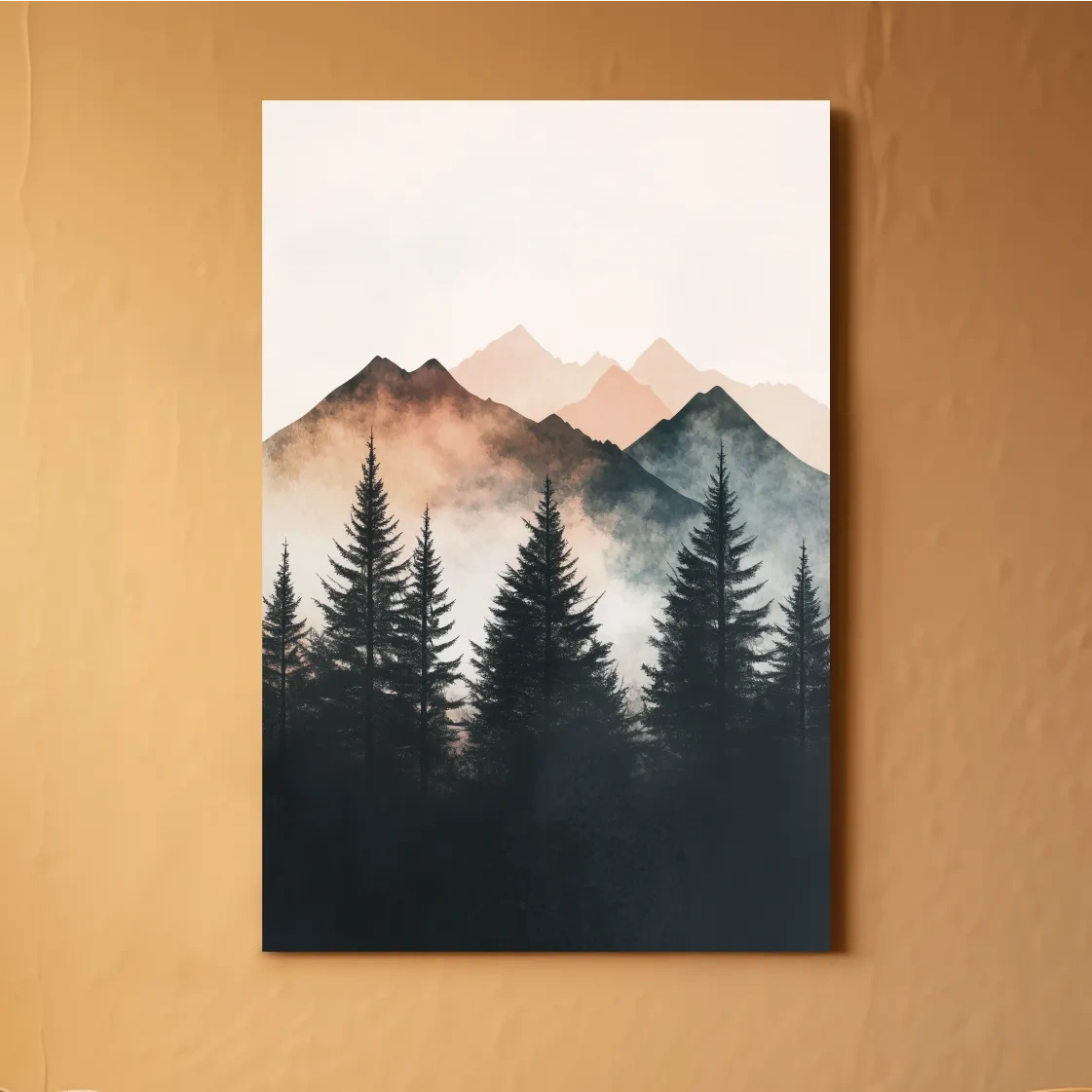 Foggy alpine forest watercolor painting, mountain art