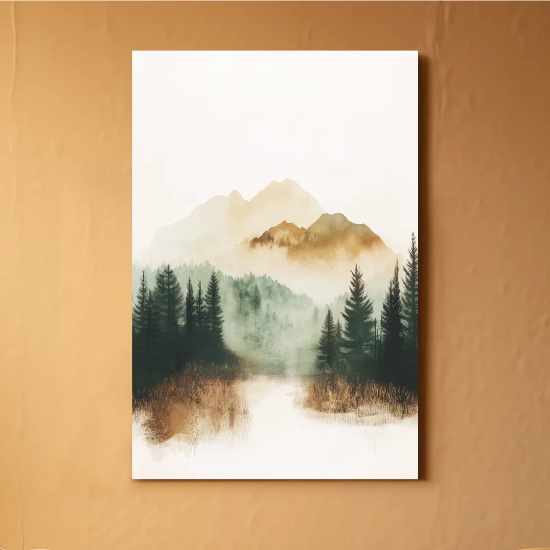 Misty Watercolor Mountain Lake & Pine Forest - Serene Nature Landscape Wall Art