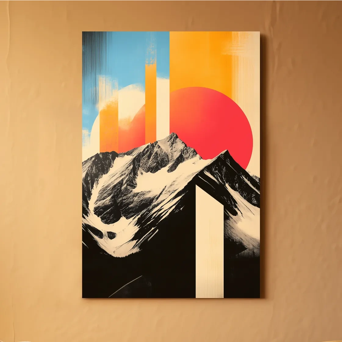 Modern abstract alpine mountain art, bold retro style geometric shapes