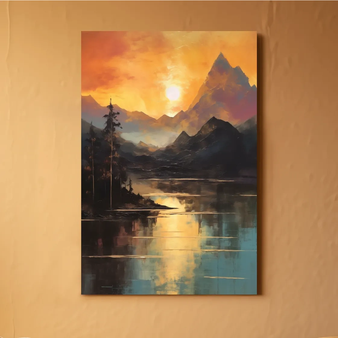 Golden Sunset Alpine Lake Reflection - Mountain Oil Painting Wall Art