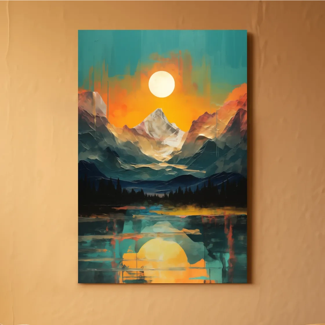 Vibrant Abstract Mountain Lake Sunset - Colorful Landscape Wall Art