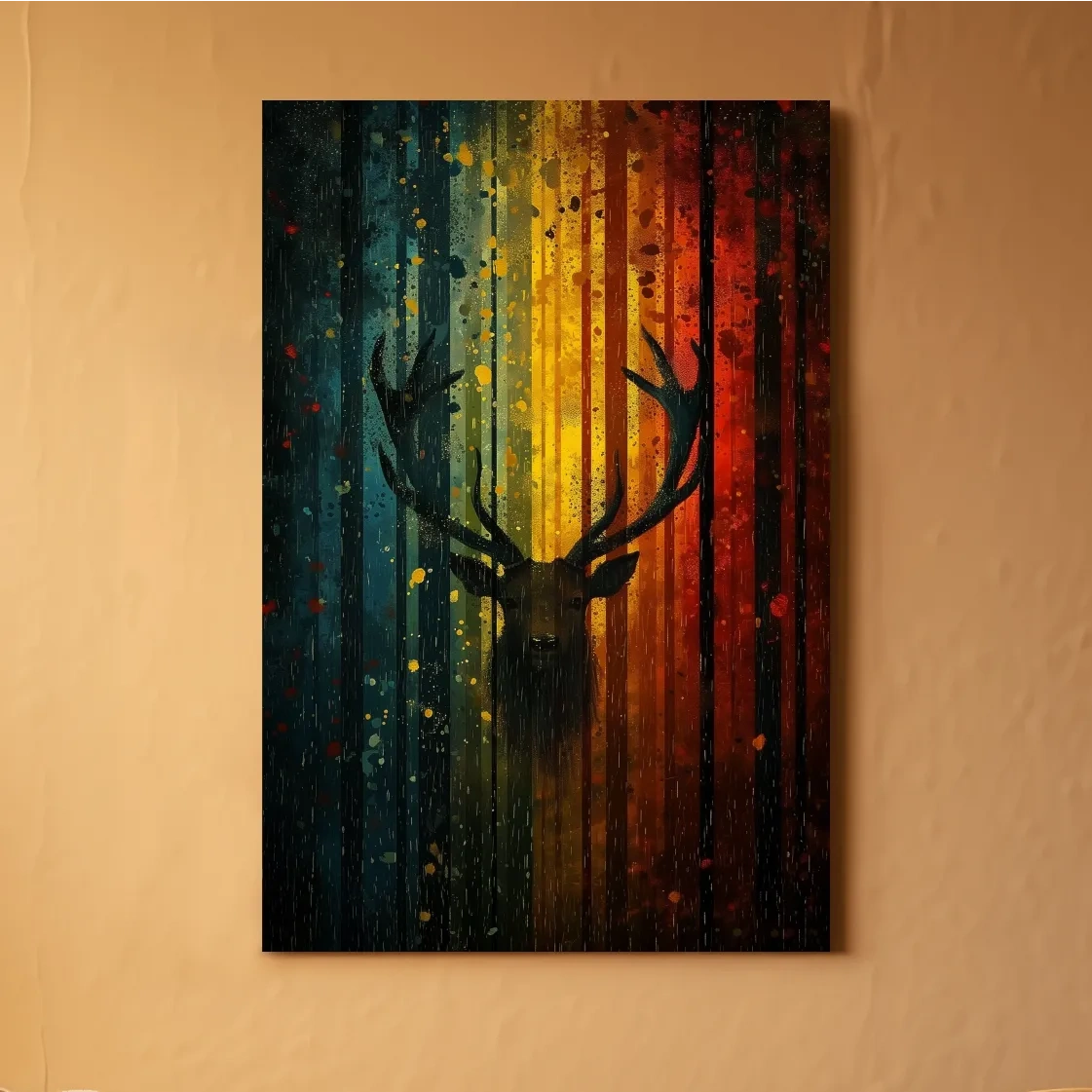 Abstract deer in a forest silhouette artwork, rainbow colours