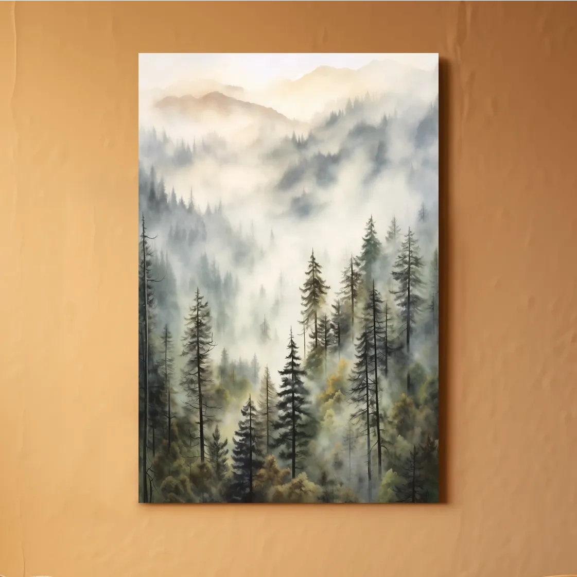 Misty Pine Forest Mountains Watercolor - Serene Foggy Landscape Wall Art