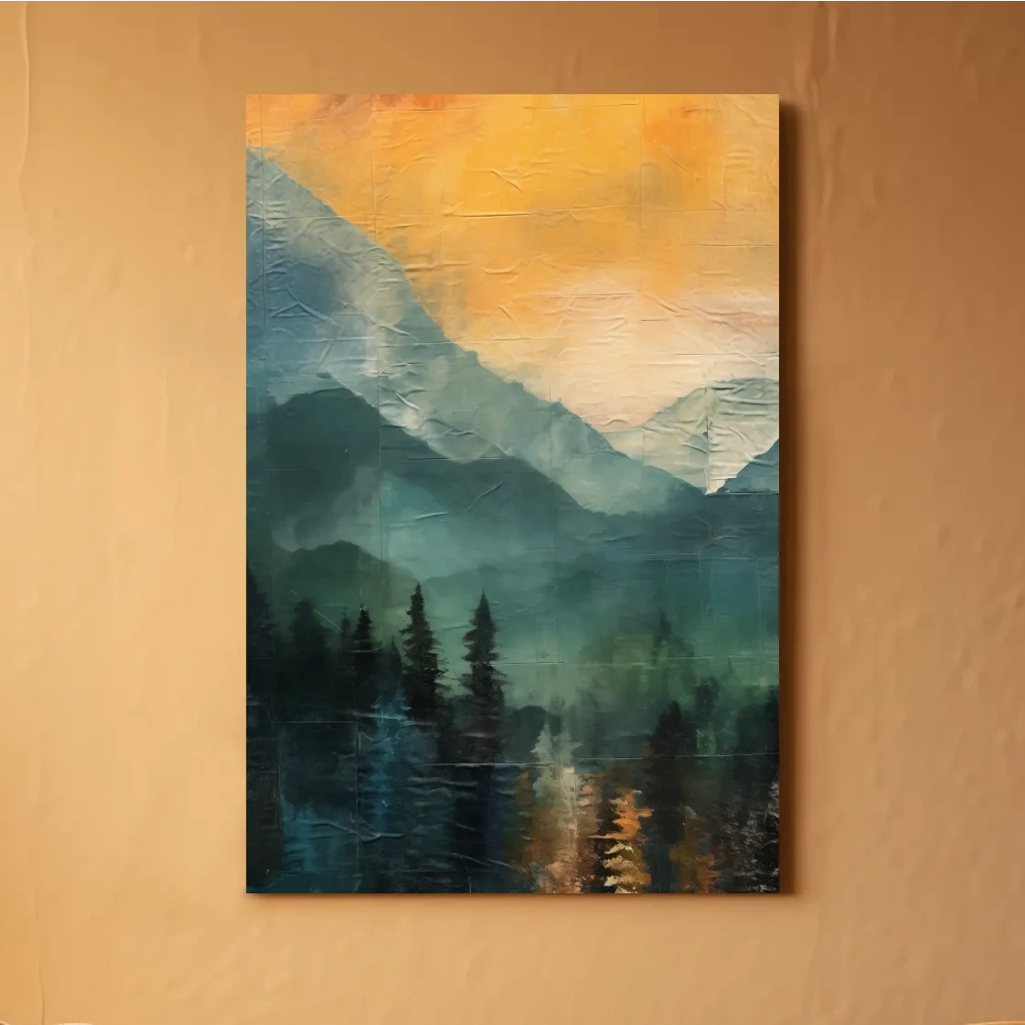 Rustic Misty Mountain Lake Reflection - Textured Watercolor Sunset Wall Art